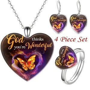 “God thinks you're Wonderful” Earrings, Necklace, and Ring Jewelry Set